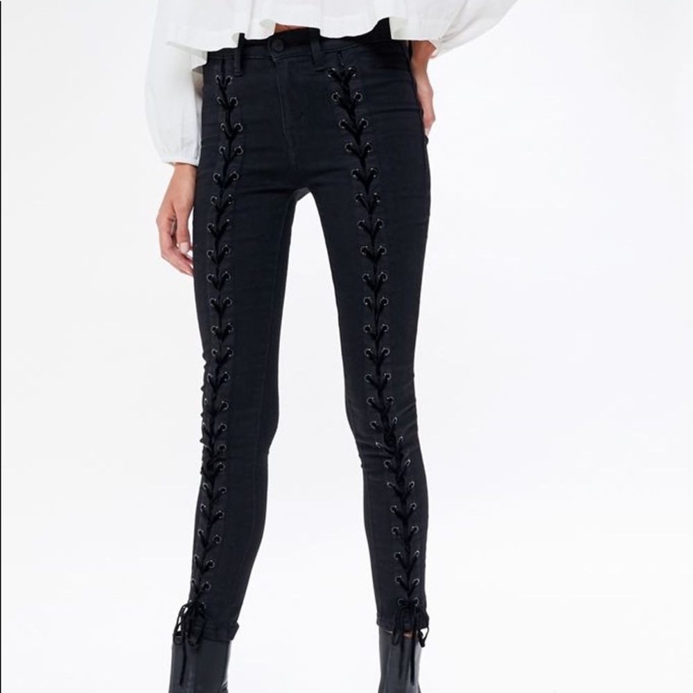 Neon Blonde Black Lace Up Skinny Jeans
